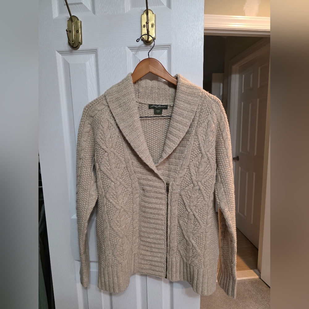 Eddie Bauer Cream Cable-Knit Shawl Collar Zip Cardigan